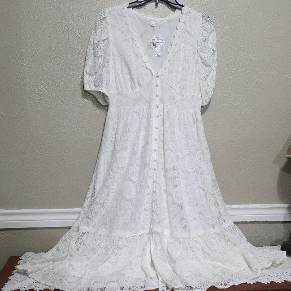 By The River Elegant White Lace Dress‎ Midi Casual Wedding Size Large V-neck - Picture 4 of 15